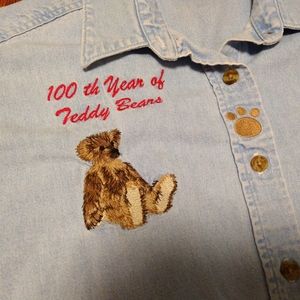 Vtg 100th Year of Teddy Bears Three Rivers Denim Long Sleeve Button Up Women's L